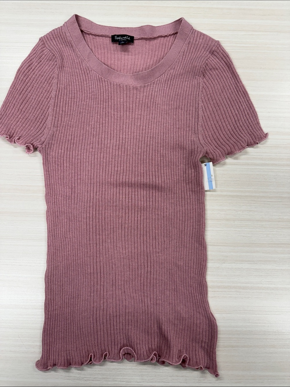 NWOT. Splendid Mauve Ribbed Knit Short Sleeve Top. PTP 12-15”. Length 24”